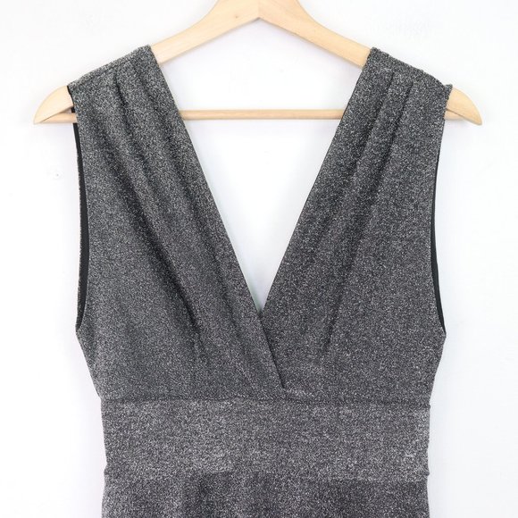 NWT Fraiche by J Metallic Shimmer Deep V-Neck Fit & Flare Minidress Silver Black - Picture 6 of 8